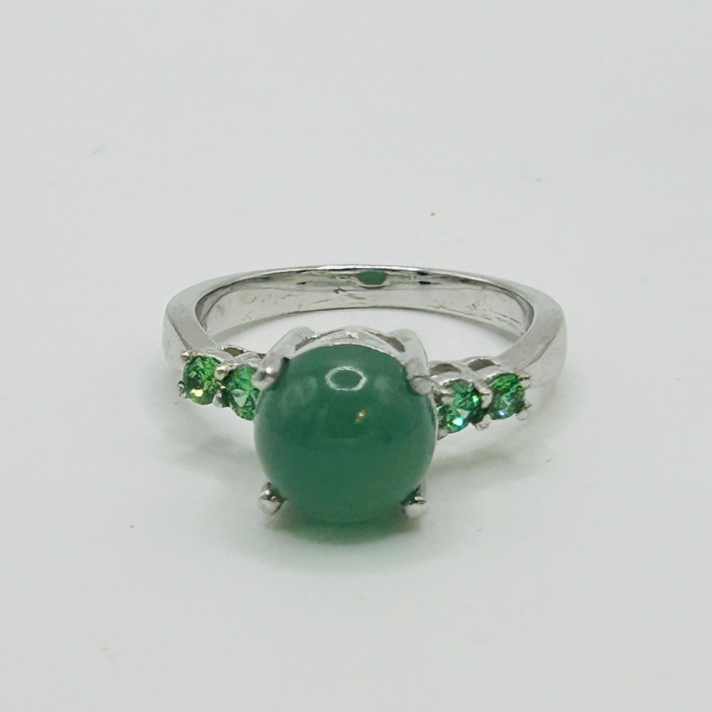 Jade and Simulated Emerald Ring; Size 7; Stainless Steel